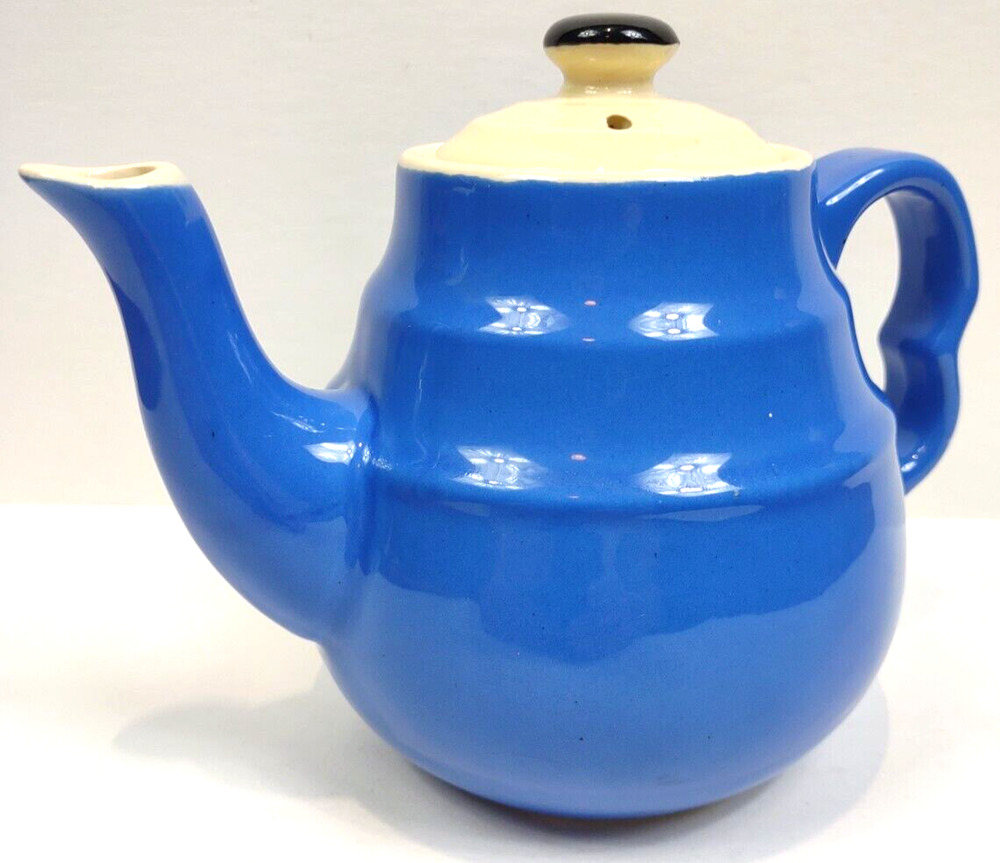 Vintage Blue Stoneware Oxford Style Teapot Made in USA 2 Ring Style 6.5"